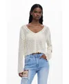 Desigual Open Stitch V-neck Sweater In Light Beige