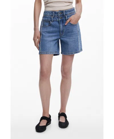 Desigual Women's Denim Bermuda Shorts With Stitching In Blue