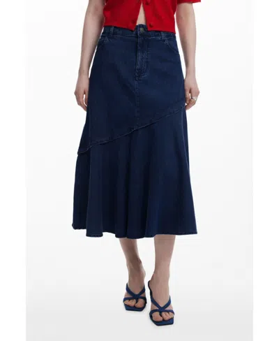 Desigual Women's Denim Midi Skirt With Ruffle In Blue