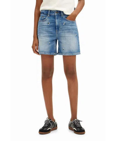 Desigual Women's Denim Shorts With Small Flower Prints. In Blue