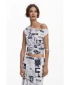 Desigual Newspaper Print One-shoulder Top In White