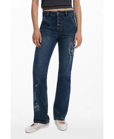 Desigual Women's Embroidered Jeans With Square Pockets In Blue
