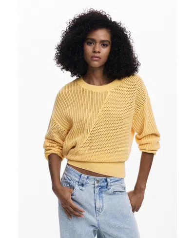 Desigual Women's Embroidered Knit Sweater In Yellow