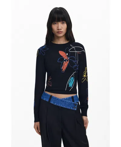 Desigual Women's Fine Sweater With Floral Strokes In Black