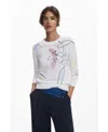 Desigual Women's Fine Sweater With Floral Strokes In White
