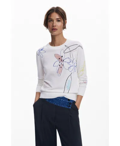 Desigual Women's Fine Sweater With Floral Strokes In White