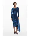 Desigual Floral Print Long Sleeve Midi Dress In Blue