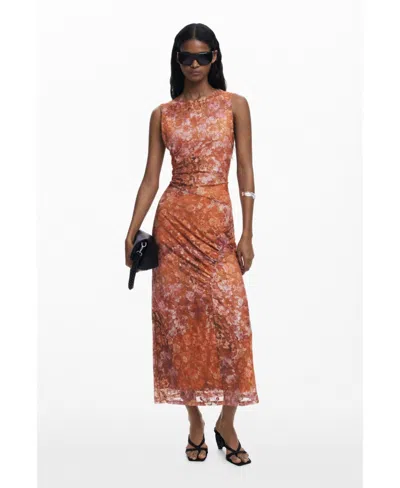 Desigual Floral Sleeveless Midi Dress In Brown