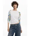 Desigual Floral Raglan Sleeve Crewneck Sweater In White