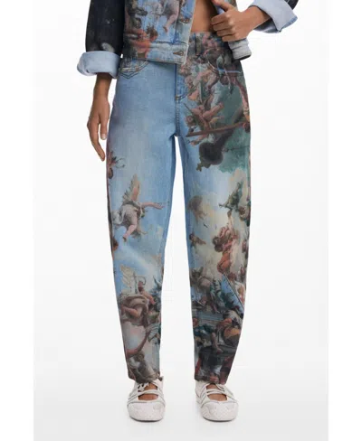 Desigual Printed Barrel Leg Jeans In Blue