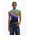Desigual Ruched Sleeveless Mock Neck Top In Multi