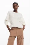 Desigual Exeter Cable Crewneck Sweater In Light Beige