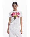 Desigual Fitted Floral Crop T-shirt In Light Beige