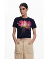 Desigual Fitted Floral Crop T-shirt In Navy Blue