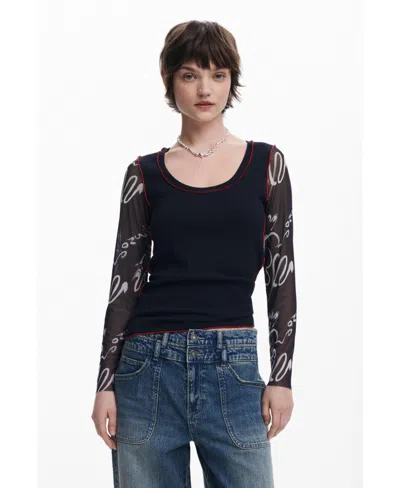 Desigual Women's Lettering Sleeve T-shirt In Black