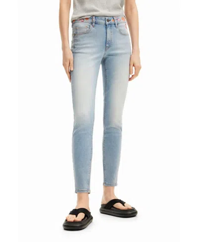 Desigual Women's Long Denim Pants With Flowers On The Waist. In Blue