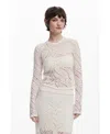 Desigual Open Stitch Long Sleeve Top In Light Beige