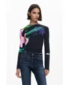 Desigual Abstract Floral Print Long Sleeve T-shirt In Black
