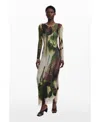 Desigual Print Mesh Long Sleeve Maxi Dress In Neutral