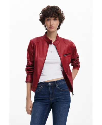 Desigual Faux Leather Moto Jacket In Orange Red