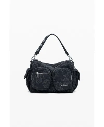 Desigual Women's Medium Denim Multi-pocket Embroidered Bag In Black