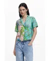 Desigual Printed Button-up Shirt In Water Green