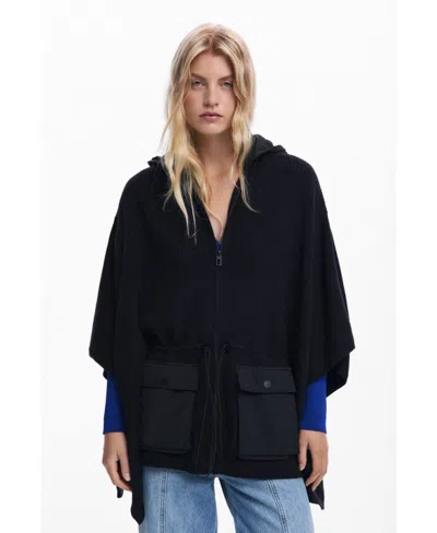 Desigual Women's Poncho With Hood And Pockets In Black