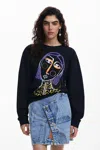 Desigual Embroidered Face Design Cotton Sweatshirt In Black