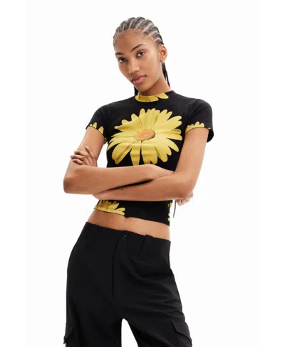 Desigual Women's Ribbed Daisy T-shirt In Black