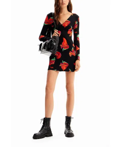 Desigual Women's Ribbed Floral Mini Dress In Black