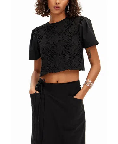 Desigual Women's Semi Lace T-shirt In Black