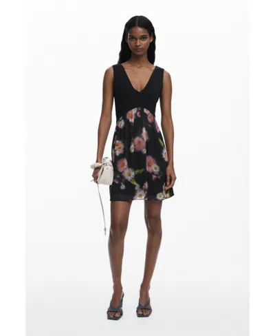 DESIGUAL WOMEN'S SHORT DRESS WITH FLORAL BIMATERIAL
