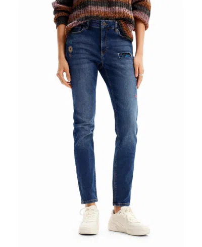 Desigual Women's Slim Embroidered Jeans In Blue
