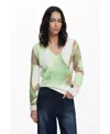 Desigual Abstract Print V-neck Sweater In Green