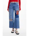 Desigual Embroidered Patch Crop Straight Leg Jeans In Medium Blue