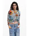 Desigual Stripe Floral Sweater In Multi