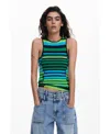 Desigual Striped T-shirt With Trim In Bluish Green