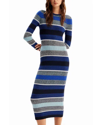 Desigual Women's Stripy Ribbed Midi Dress In Blue