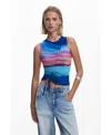 Desigual Drawstring Front Mesh Tank In Blue