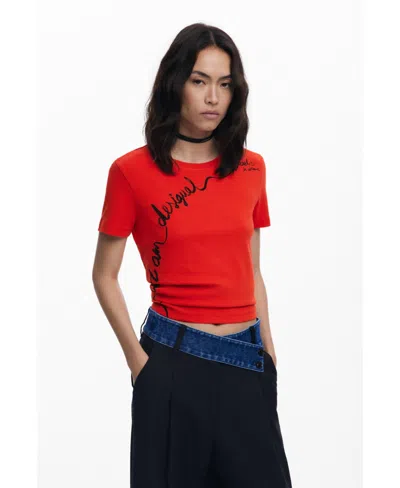 Desigual Women's T-shirt With Embroidered Phrase In Red