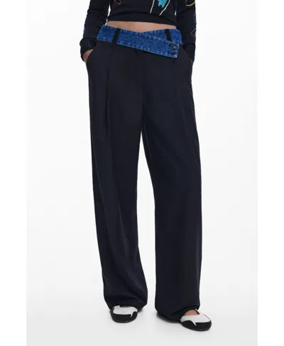 Desigual Denim Waist Wide Leg Pants In Black