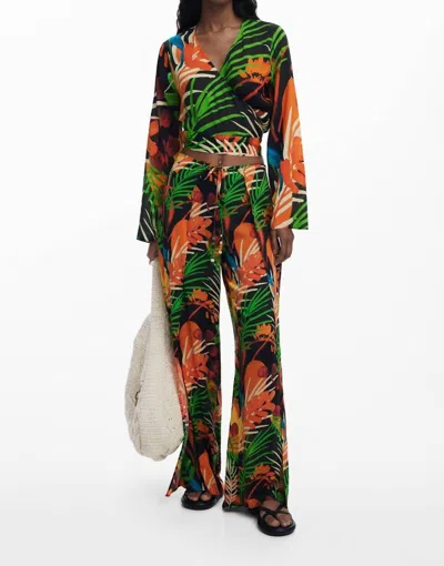 Desigual Wrap Long Pants In Tropical Black/orange In Multi
