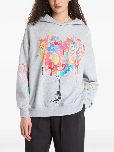 Desigual Mickey Mouse Paint Splattered Fleece Graphic Hoodie In Gray