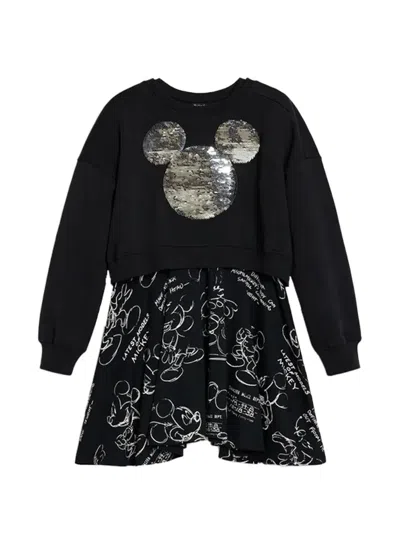 Desigual Kids' X Disney Mickey Mouse-print Sequin-embellished Dress In Black