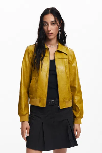 Desigual Faux Leather Biker Jacket In Yellow