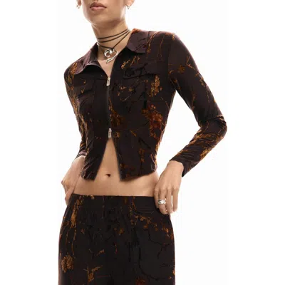 Desigual Zip Front Long Sleeve Shirt In Brown
