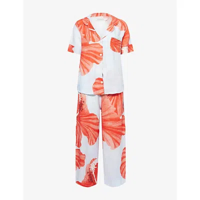 Desmond And Dempsey And Dempsey Womens Blue/red Grand Hibiscus Printed Straight-leg Linen Pyjama Set