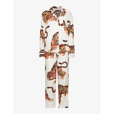 Desmond And Dempsey Womens Cream Rayas Tiger-print Cotton Pyjamas
