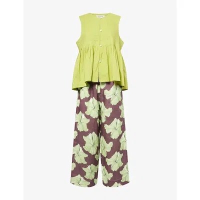 Desmond And Dempsey And Dempsey Womens Lime & Cocoa/lime Pleated Cotton Cami And Trouser Pyjama Set Xs