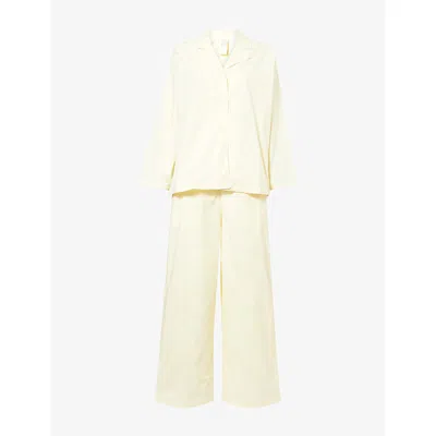 Desmond And Dempsey And Dempsey Womens Plain Cotton Yellow Placement-print Long-sleeve Cotton Pyjama Set In White